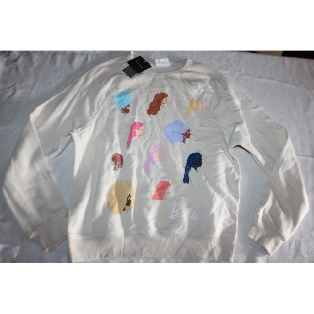 Women's Barbie Hairstyles Graphic Sweatshirt Beige size M Pullover Casual NEW